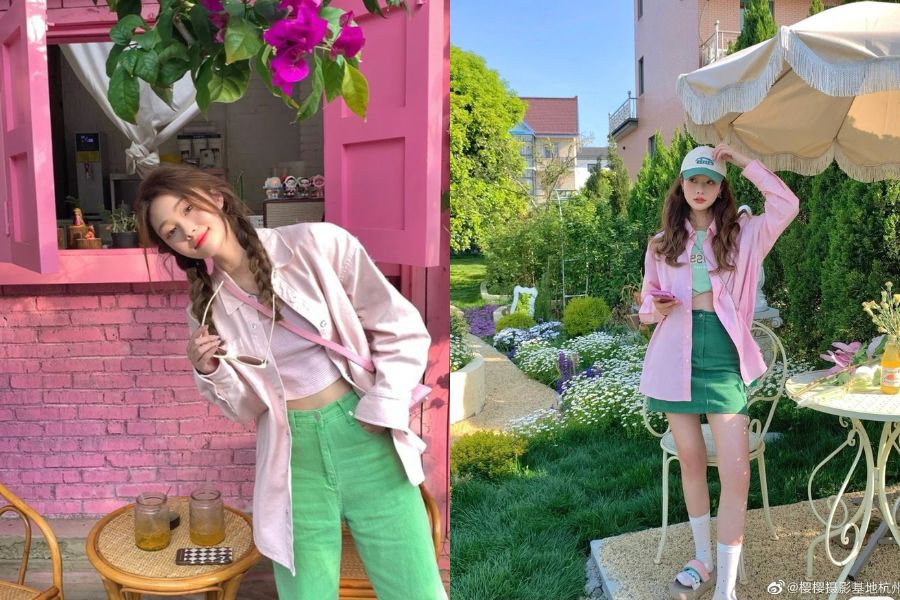 outfit xanh lá phối màu hồng phấn