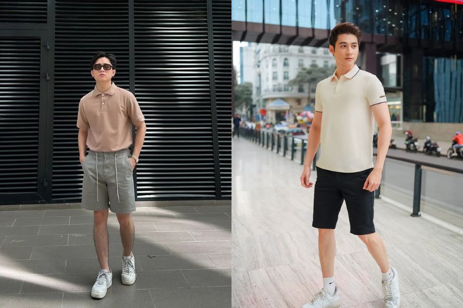áo polo phối quần short kaki ống rộng