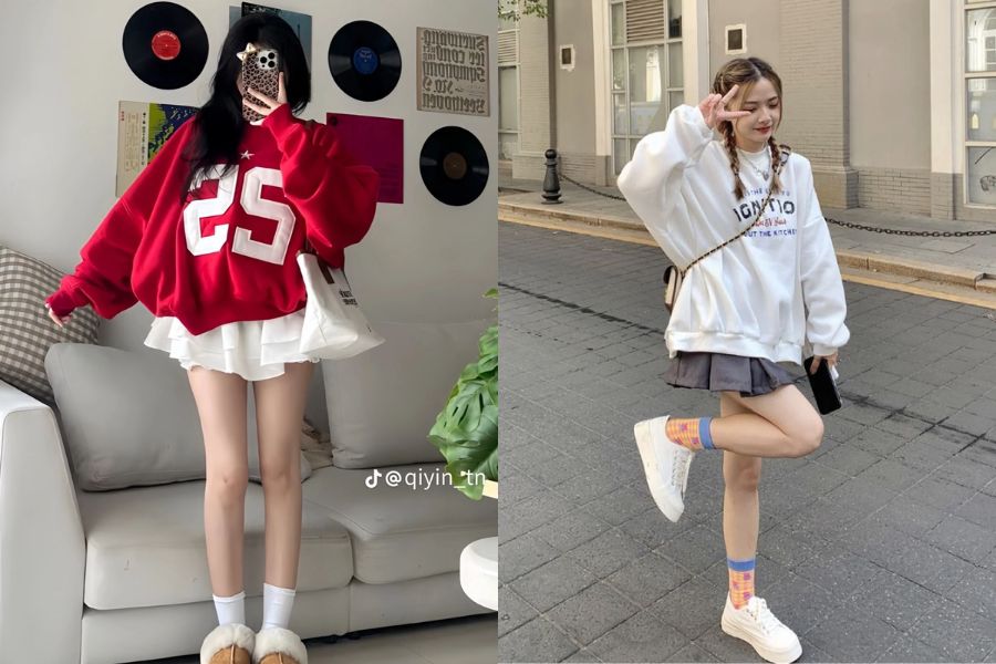 Phối chân váy xòe ngắn với áo hoodie