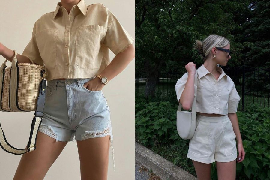 Sơ mi croptop phối cùng quần short lưng cao