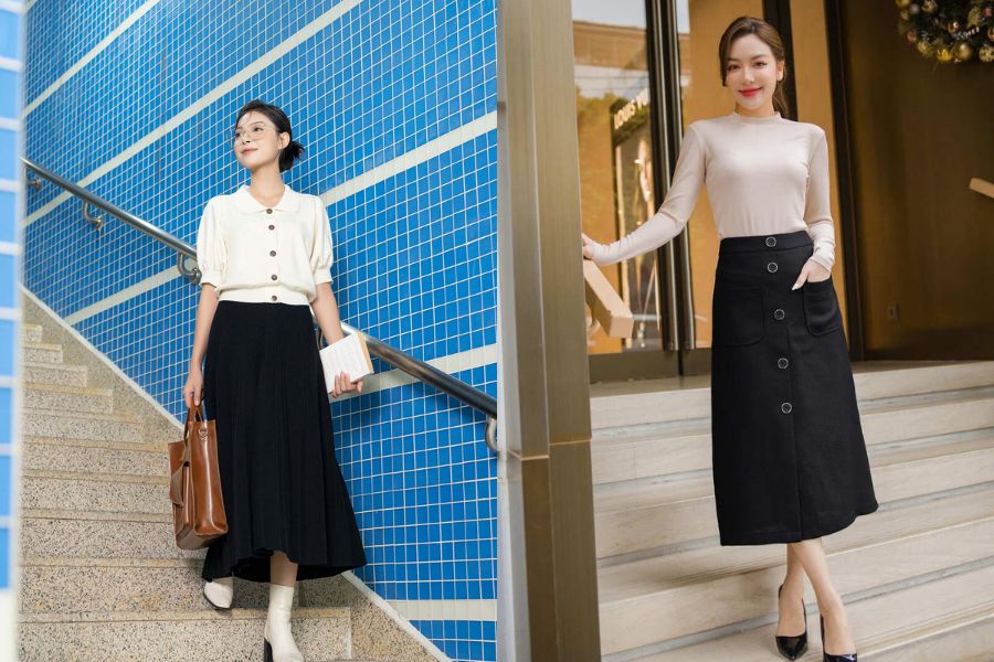 Chân váy dài phối áo thun/len mỏng