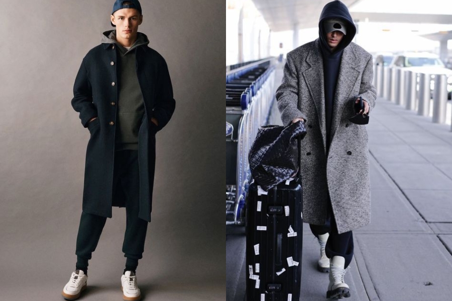 Áo khoác dạ mặc chung với áo hoodie và quần jogger nỉ