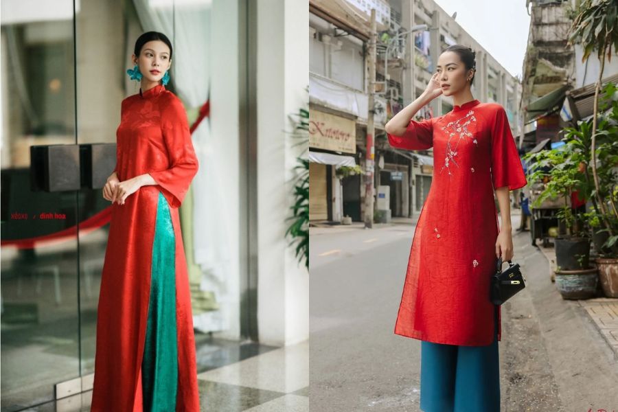 Áo dài đỏ phối quần xanh cổ vịt