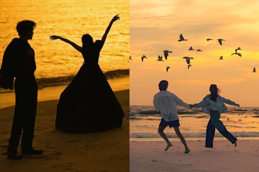 Chụp ảnh hoàng hôn với dáng tung váy nhẹ nhàng