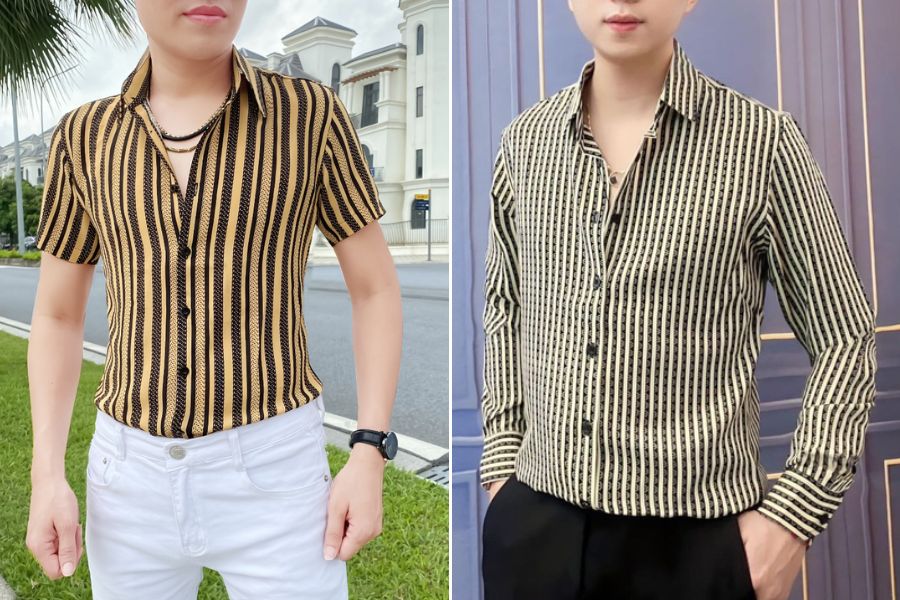 Áo sơ mi vải gấm sọc kẻ