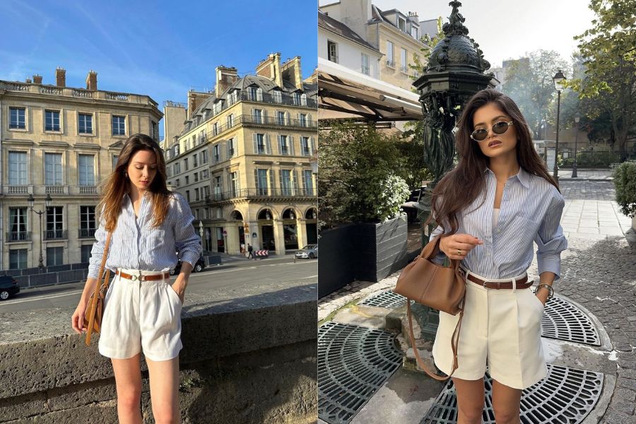 Áo sơ mi xắn tay mix áo ba lỗ, quần short