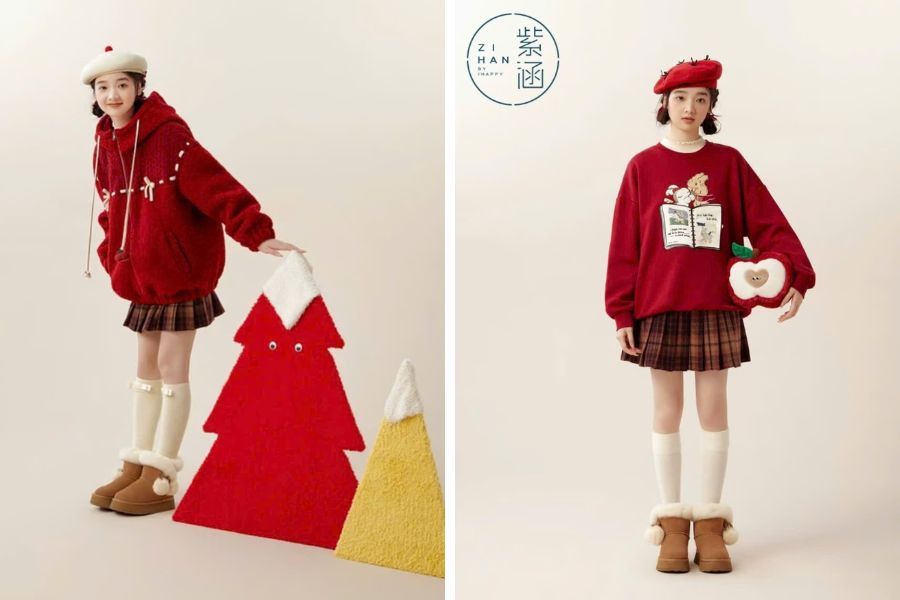Mix áo hoodie cùng chân váy xếp ly, giày bông và mũ nồi đáng yêu