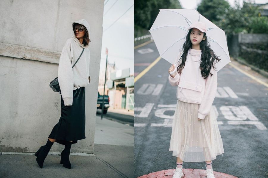 Áo hoodie + chân váy midi xoè dài