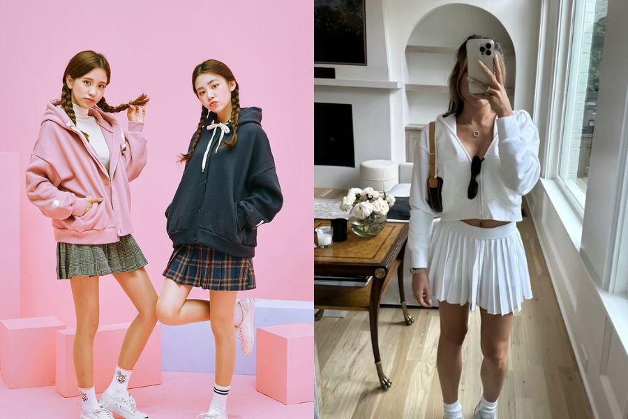 Áo hoodie + chân váy tennis
