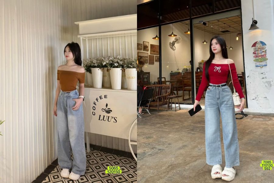 Quần Jean ống rộng mix áo trễ vai