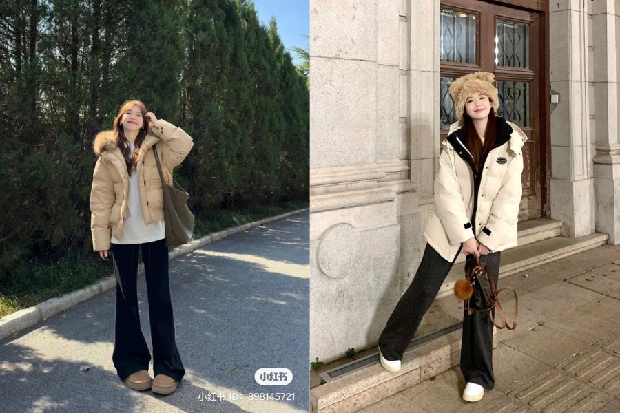 Áo khoác phao lửng + quần ống rộng + giày sneaker