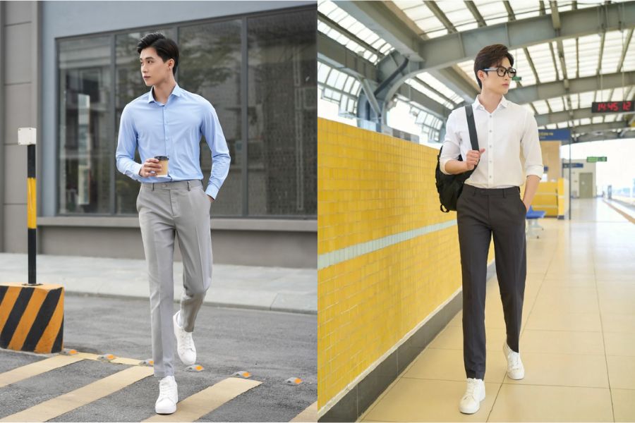 quần tây kết hợp với áo sơ mi