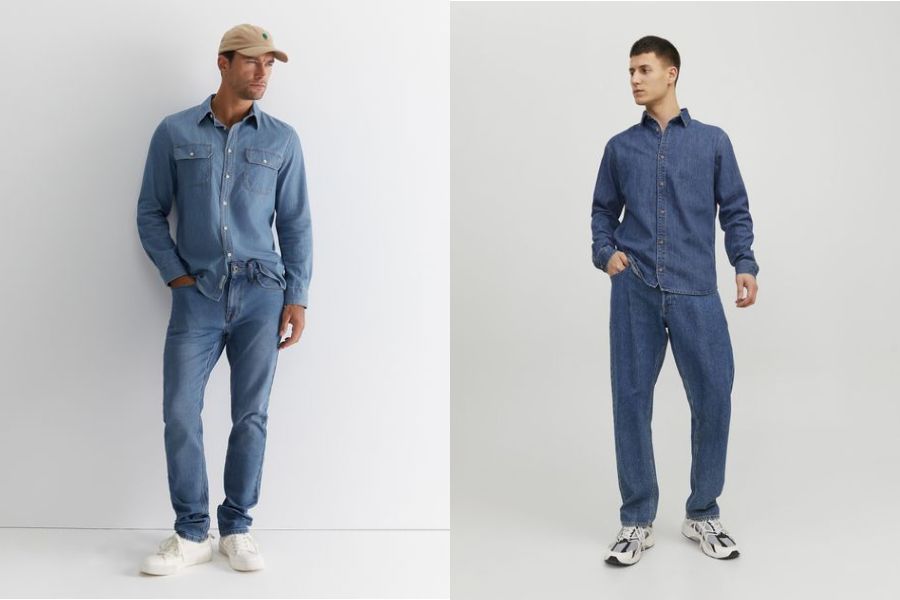 Áo sơ mi denim kết hợp quần jeans bụi bặm