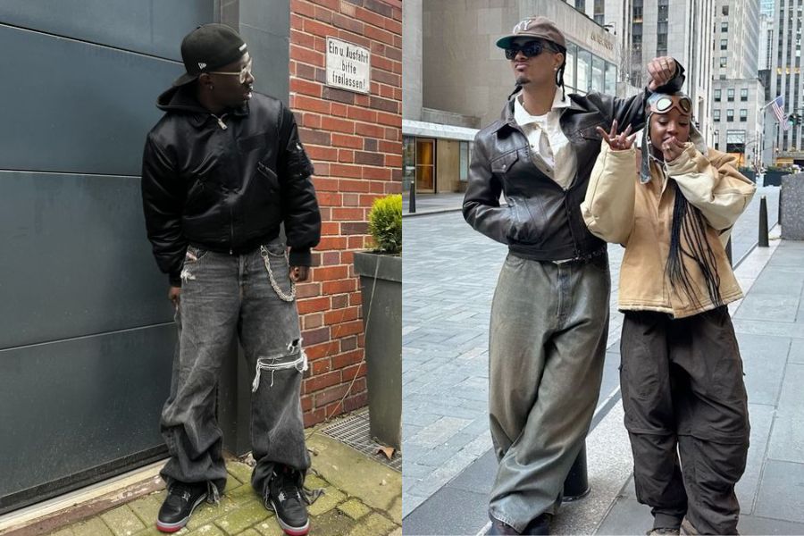 Mặc áo khoác bomber da cùng quần thụng hiphop jeans rách