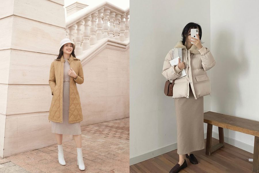 Đầm dài phối áo khoác phao