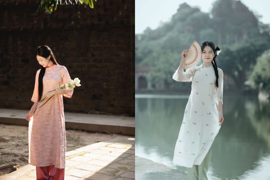 Tạo dáng chụp ảnh áo dài Tết cầm tà áo