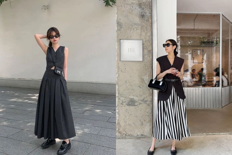 chân váy dài vintage kết hợp gile vest