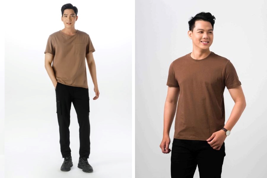 Outfit basic, năng động khi phối áo thun trơn nâu với quần jean 