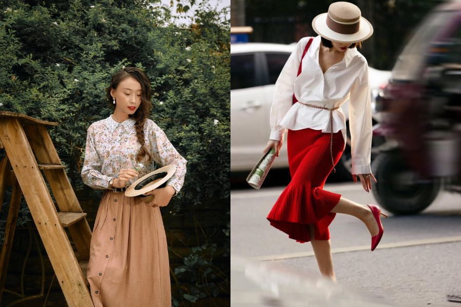 chân váy dài vintage kết hợp áo blouse