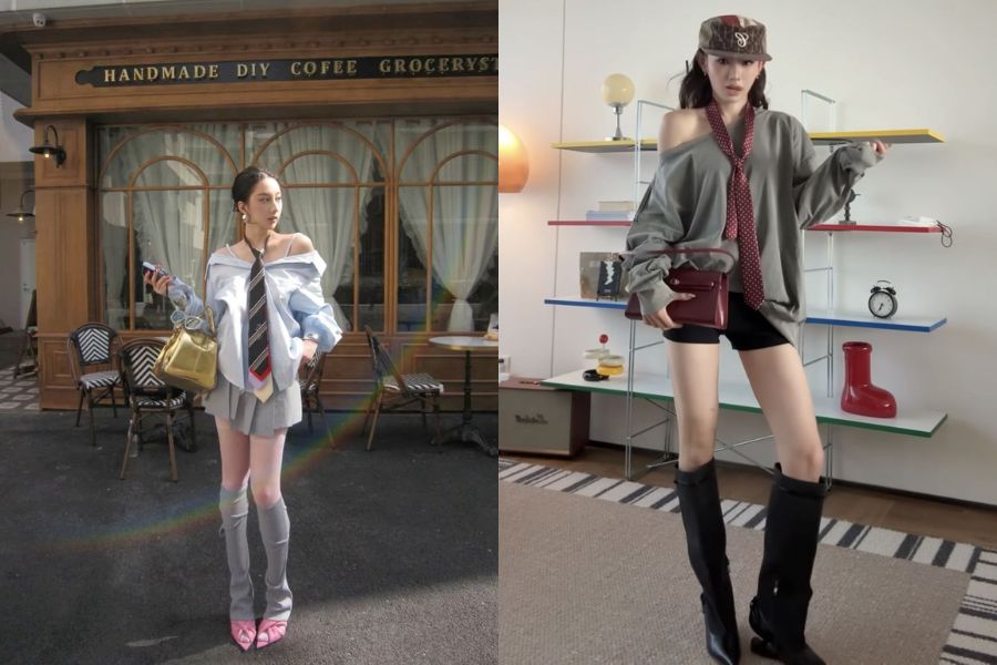 Áo trễ vai phối cà vạt