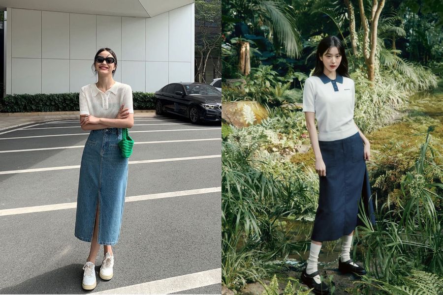 Áo polo phối chân váy dài