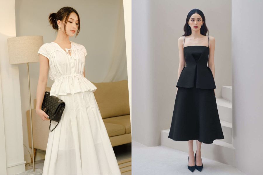 Chân váy xòe dài mix áo peplum