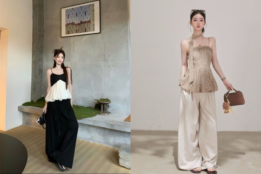 Set áo hai dây phối quần ống rộng sang trọng