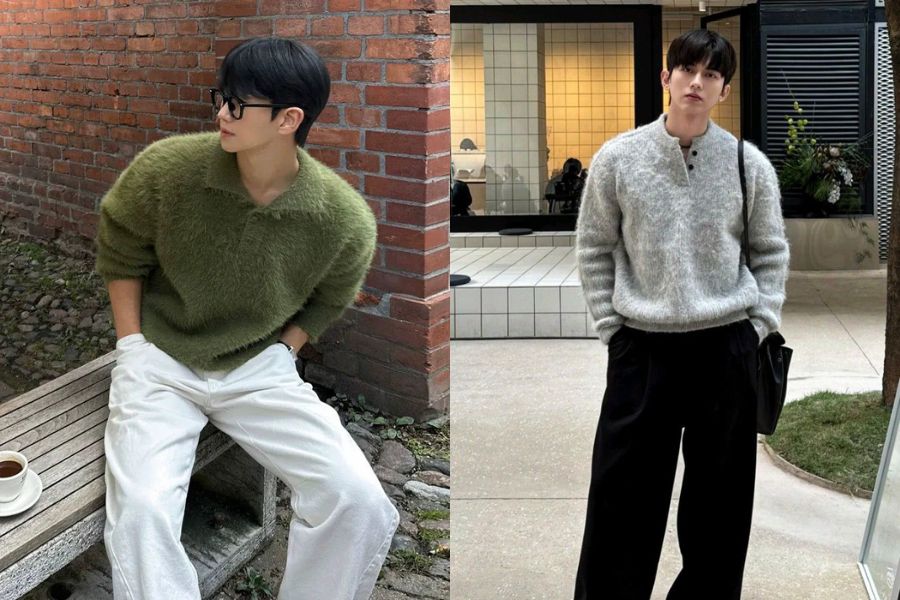 Áo len phối quần ống rộng đi đám cưới