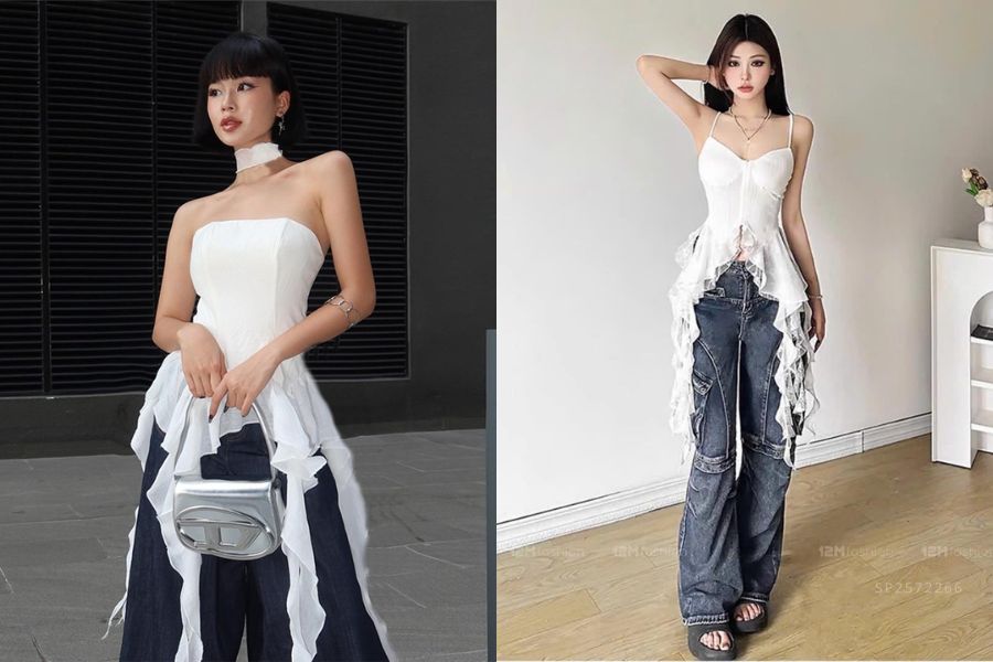 Váy liền thân tua bạch tuộc phối quần jean