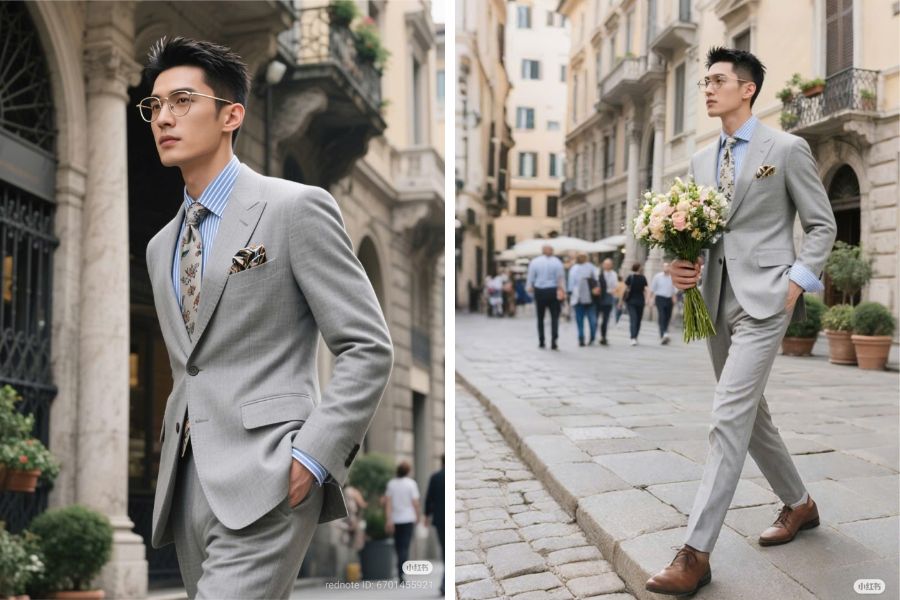 Mix áo sơ mi kẻ xanh dương với bộ comple regular fit