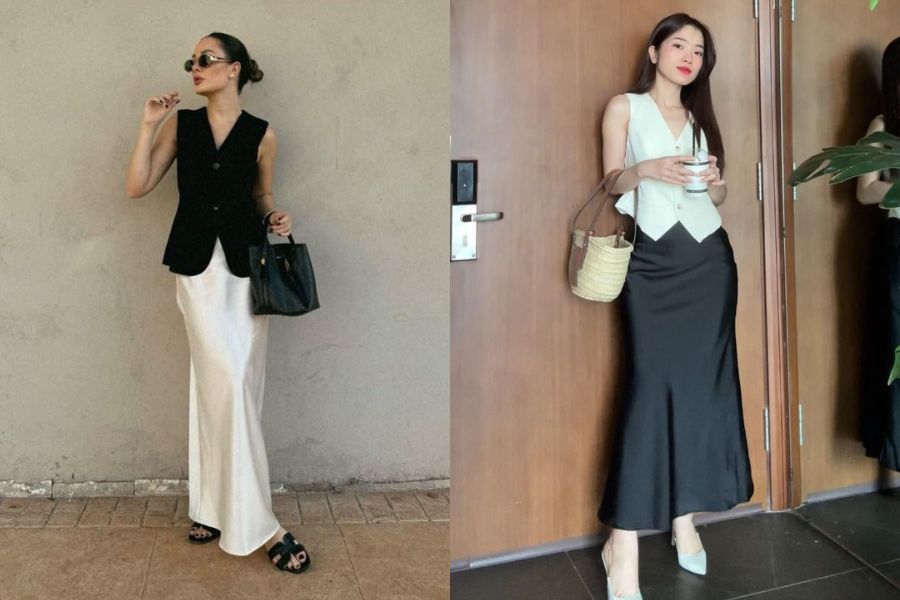 Phối chân váy dài lụa với áo tank top Hot trend