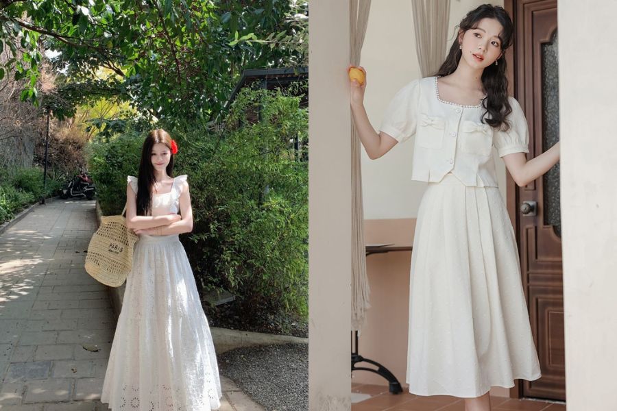 Áo croptop tay phồng cổ vuông phối chân váy xoè