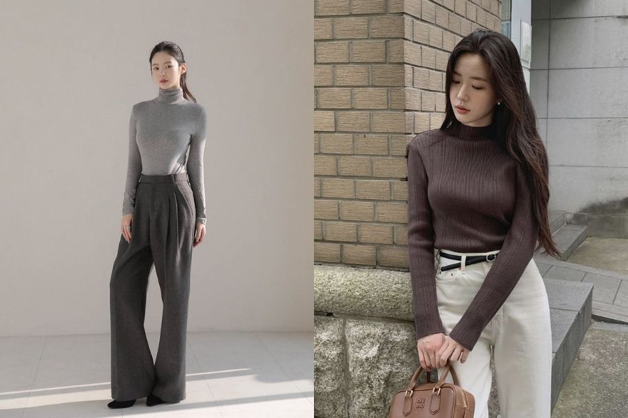 Quần ống rộng kết hợp với áo len ôm cổ lọ