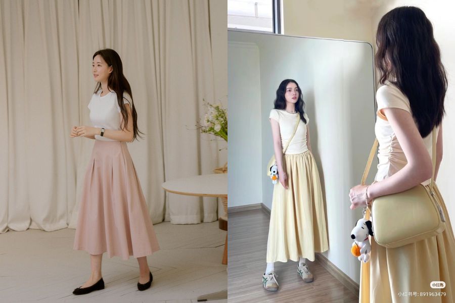 Áo phông phối với chân váy xòe dài 