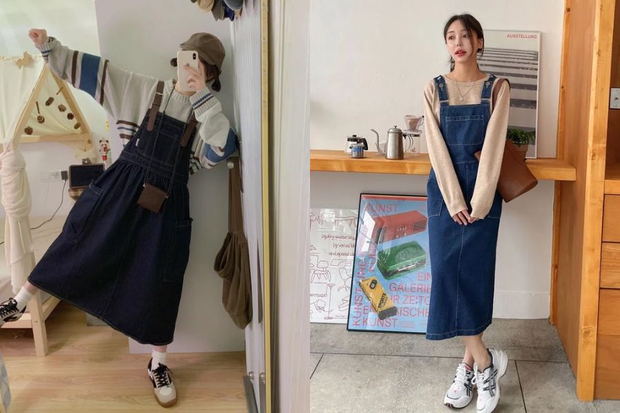 Áo hoodie + váy yếm dài