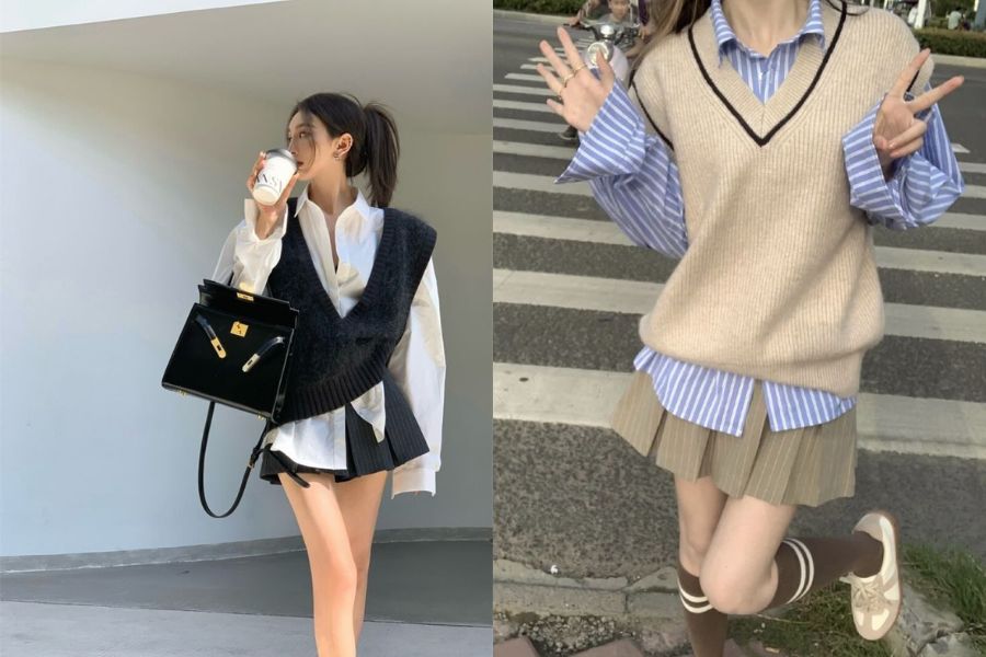 Áo gile phối chân váy tennis cho outfit trẻ trung, tươi mới