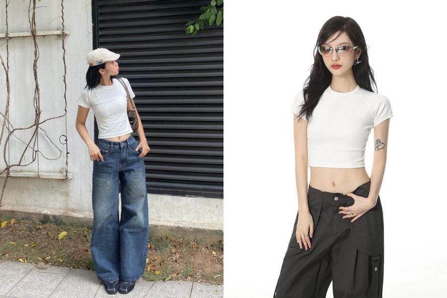 Quần jeans cạp cao phối áo croptop