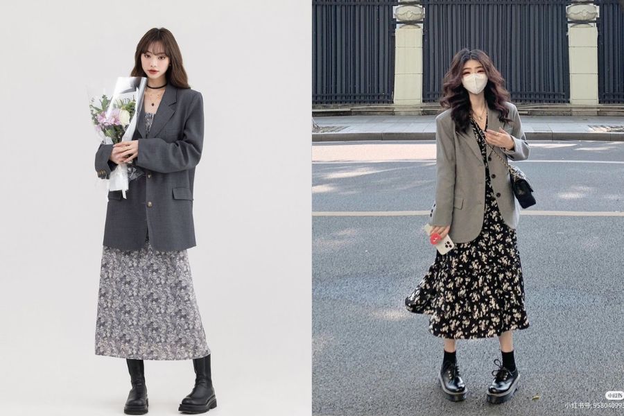 Áo blazer phối váy hoa nhí