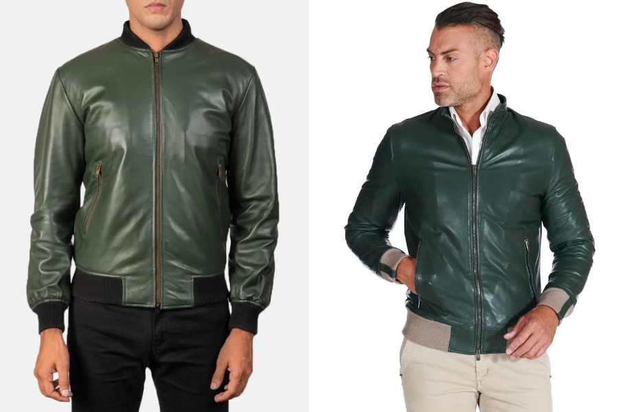 Mẫu áo bomber da nam màu xanh rêu