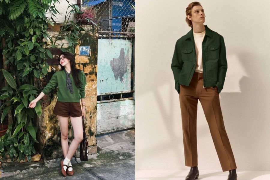 outfit xanh lá phối màu nâu