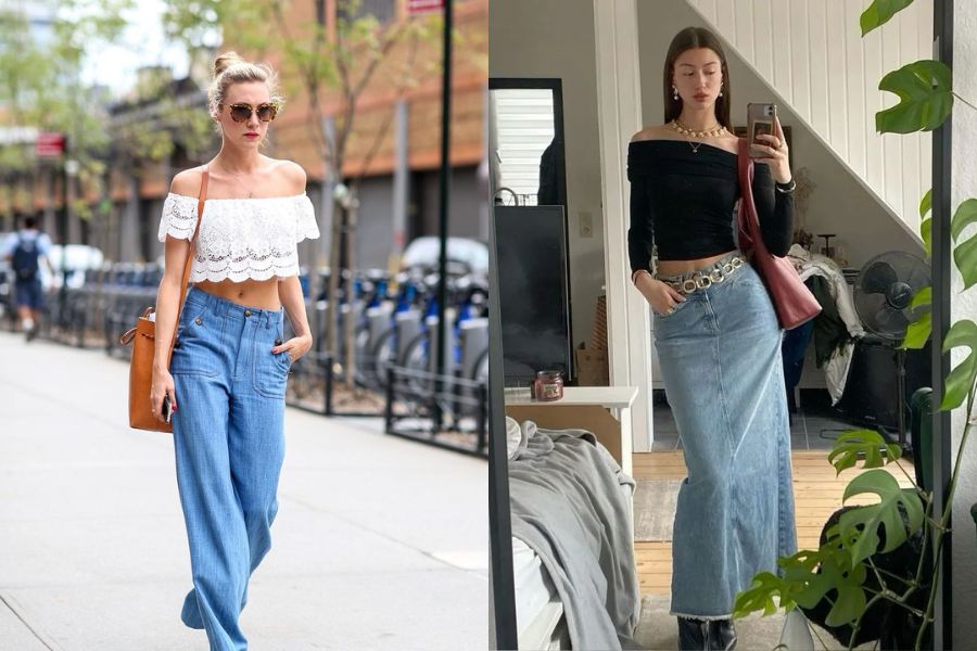 áo trễ vai phối với chân váy và quần jean