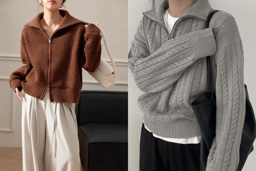 Mẫu áo len cổ đứng khóa kéo mang đến vẻ ngoài năng động, thể thao