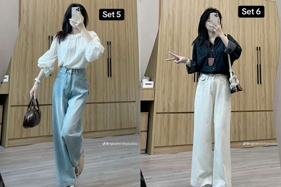 Áo sơ mi nữ phối quần Jeans ống rộng tạo hiệu ứng che vòng 2 cực đỉnh cho nàng mập