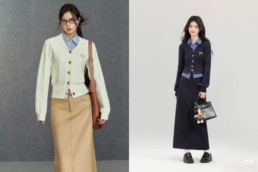 Mix áo len cổ sơ mi với chân váy dáng dài