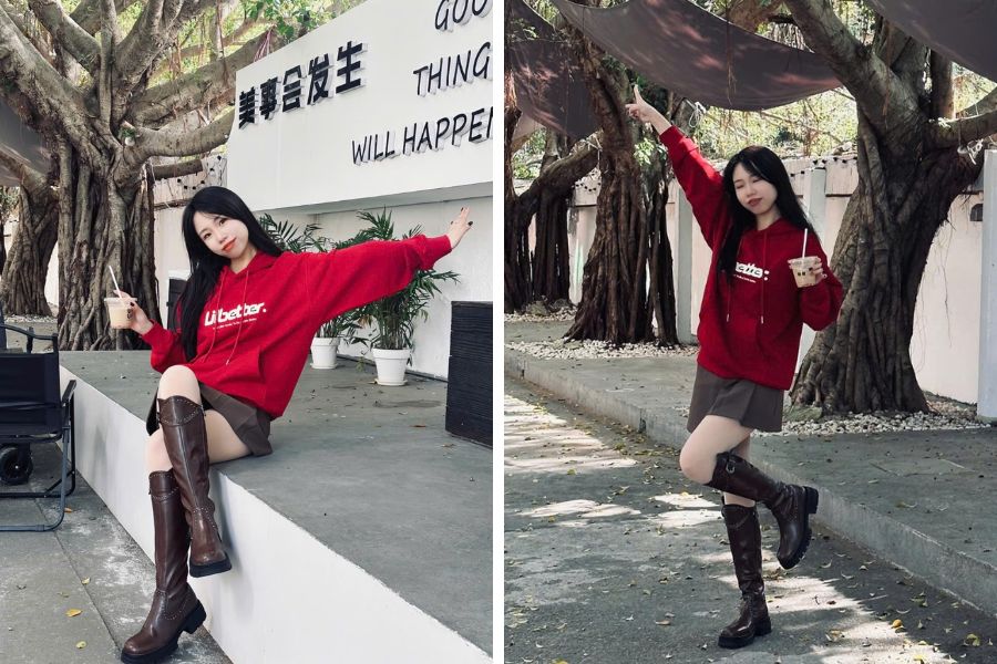 Phối áo hoodie đỏ rực rỡ với boot da ngang gối