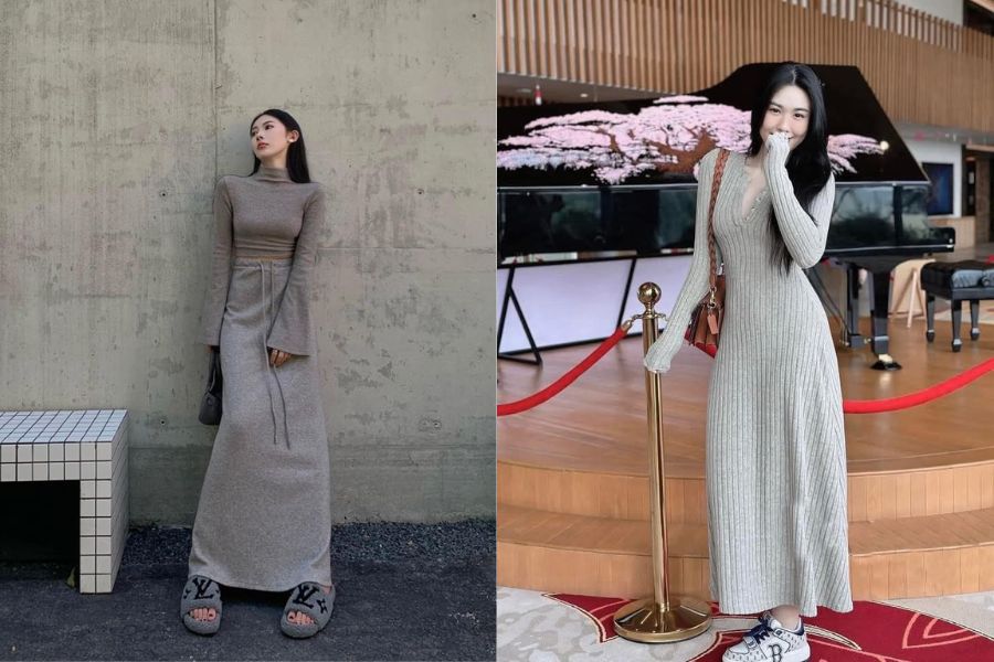 Váy len dáng suông + thắt lưng + boots cao cổ