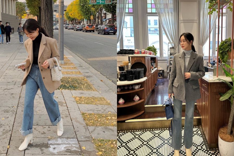 Áo blazer phối quần âu và áo len mỏng