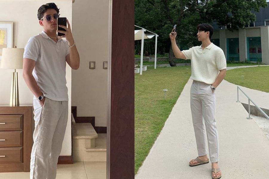 Áo polo slim-fit + quần linen ống suông