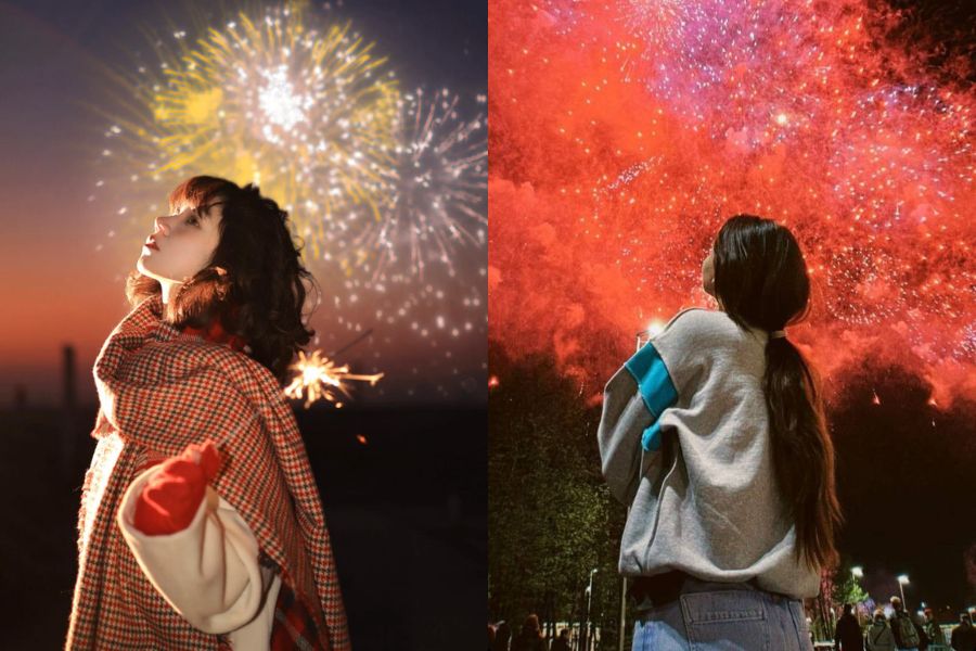 tạo dáng nhìn lên trời chụp ảnh pháo hoa đêm giao thừa