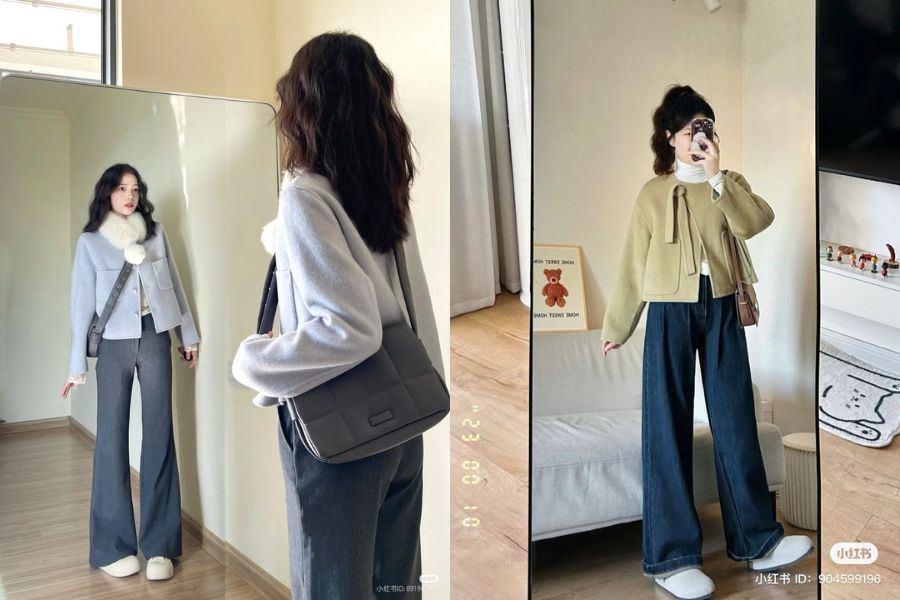 Áo khoác dạ lửng và quần ống rộng